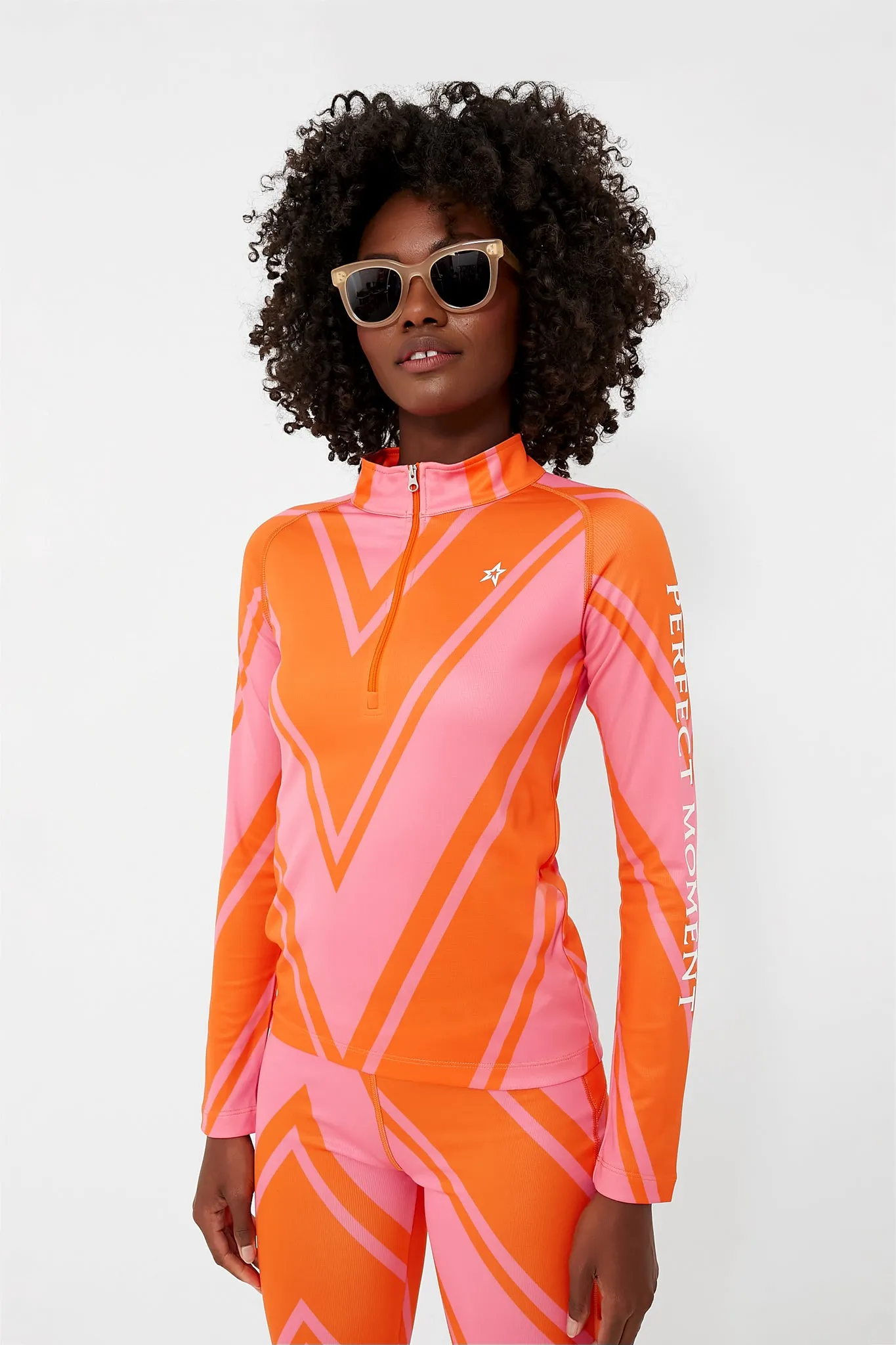 Azalea Pink and Orange Chevron Print Thermal Half Zip