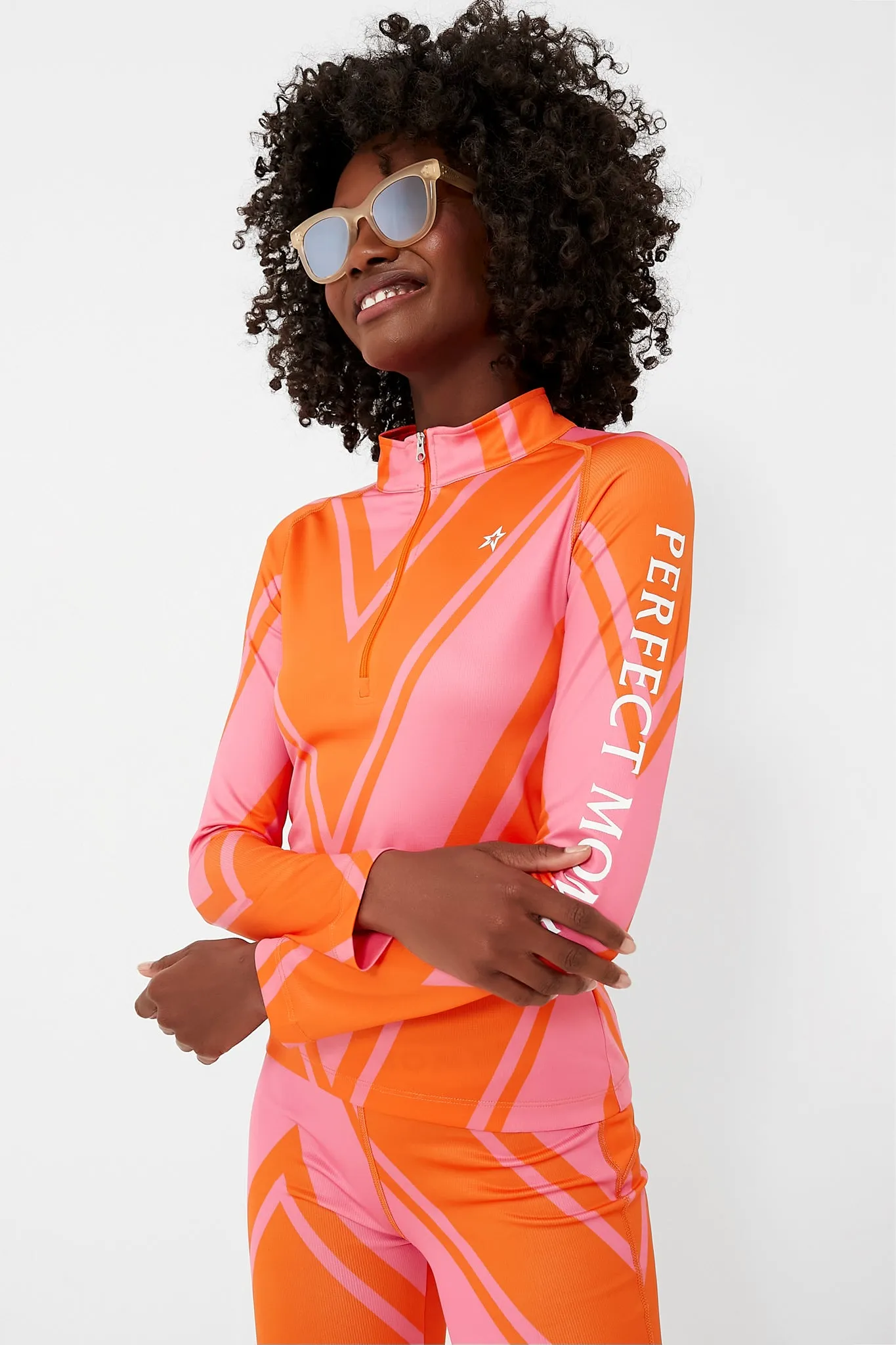 Azalea Pink and Orange Chevron Print Thermal Half Zip