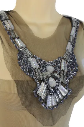 Black Lace Long Satin Tie Strand Zebra Beads Silver Sequins Artsy Necklace