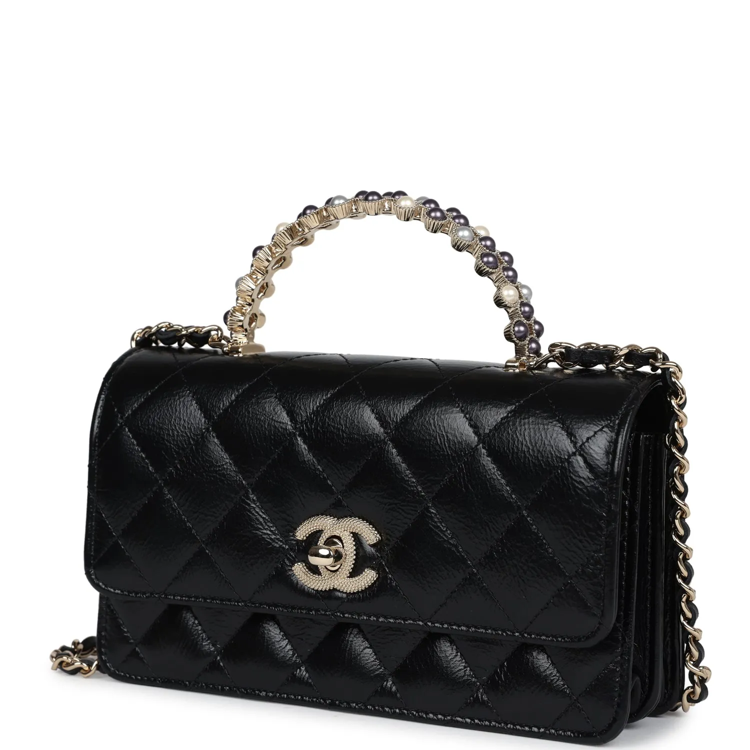 Chanel Pearl Top Handle Wallet on Chain WOC Black Shiny Aged Calfskin Light Gold Hardware