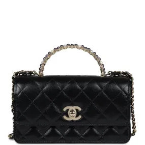 Chanel Pearl Top Handle Wallet on Chain WOC Black Shiny Aged Calfskin Light Gold Hardware