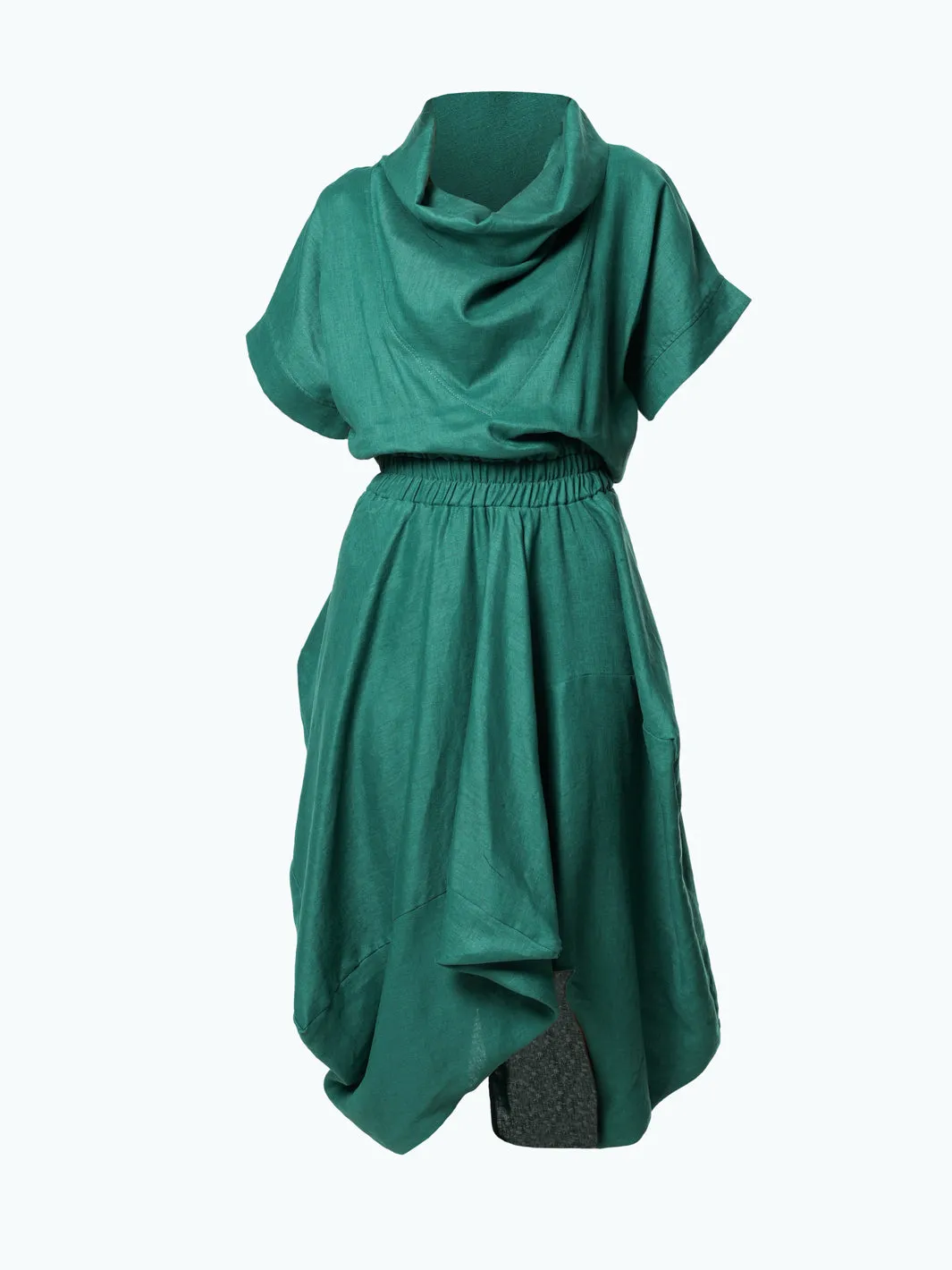 Cowl Neck Linen Dress In Green