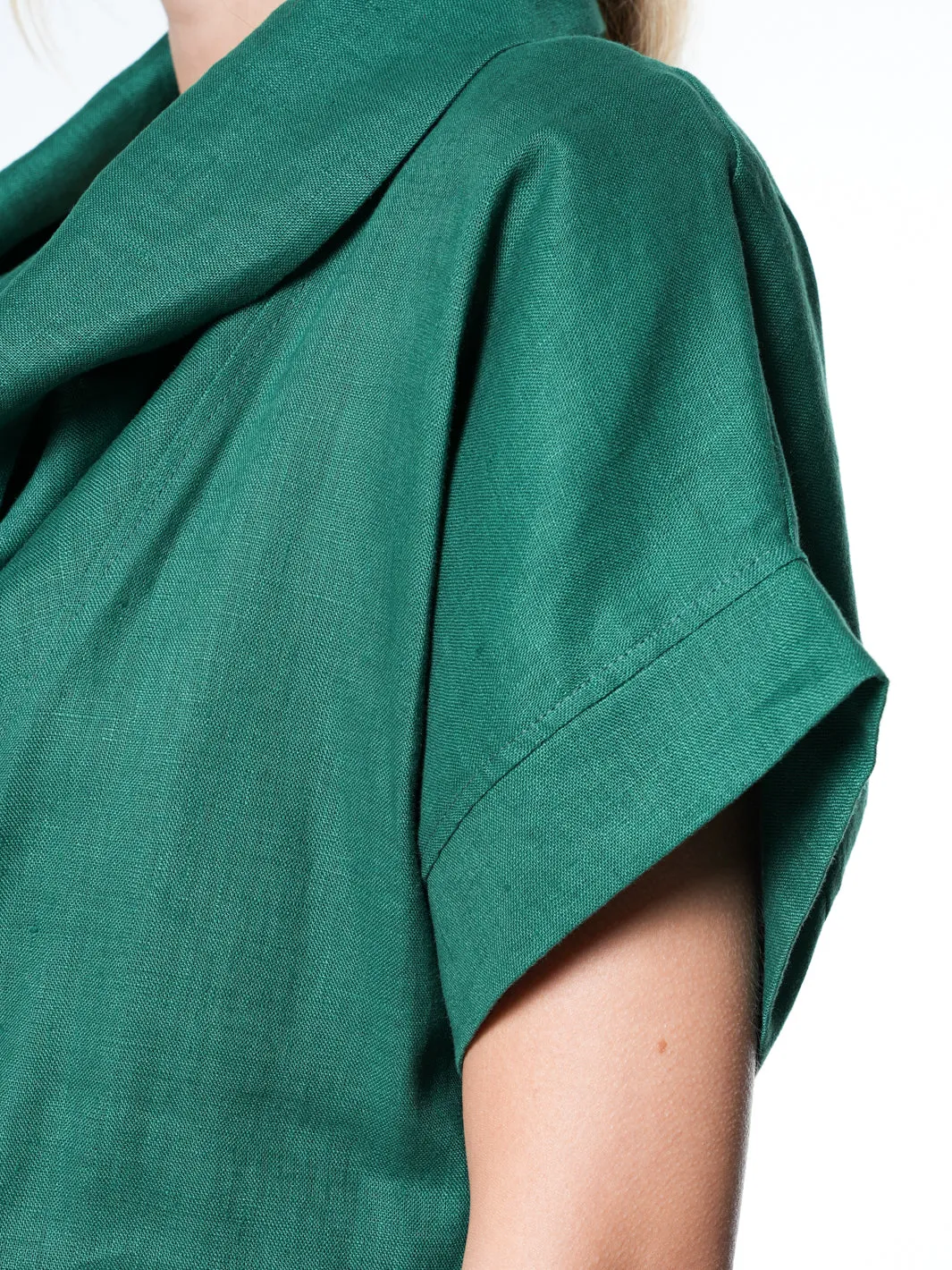 Cowl Neck Linen Dress In Green