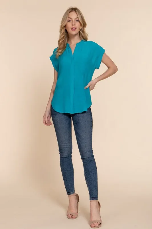 Dolman Sleeve Open Neck with Front Pocket Button Down Woven Top