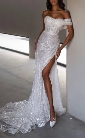 H1256 - Sexy Glitter Fitted One Shoulder Illusion Pleats Fully Sequined With Side Slit Train Wedding Dress