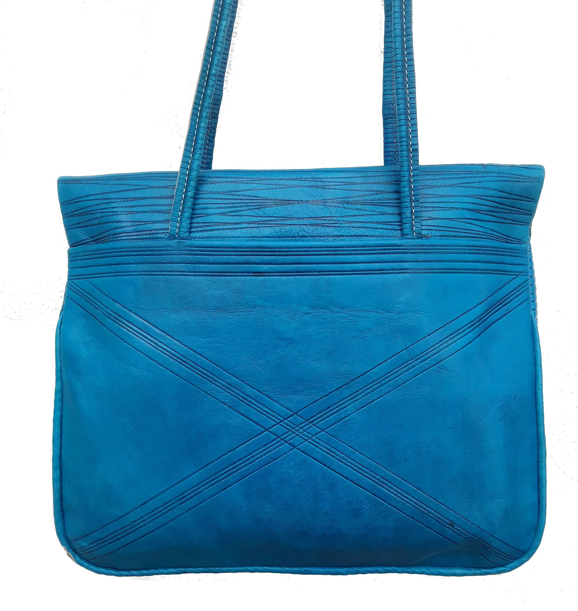 Leather Tote Bag - Chkara - Embroidered - Turquoise