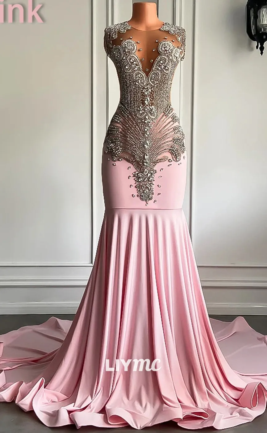 LP1439 - Gorgeous V-Neck Sleeveless Beaded Pleated Mermaid Prom Dress for Black Girls Slay