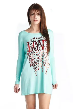 Mint Green Metallic Leopard Love Long Sleeve Shirt Dress Tunic U.S.A