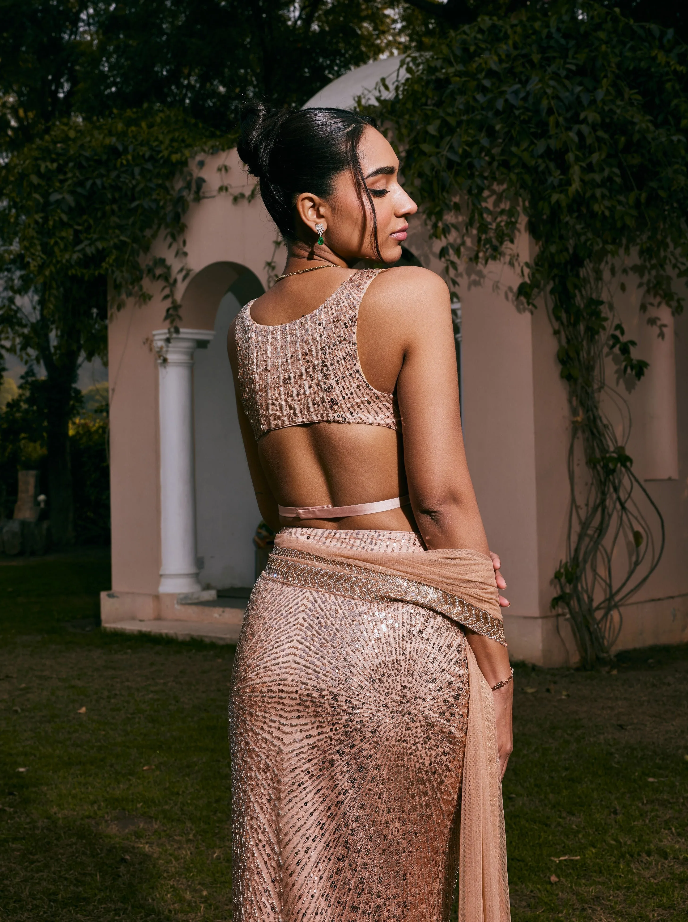 Nazia Rose Gold Hand-Embroidered Mermaid Lehenga Set