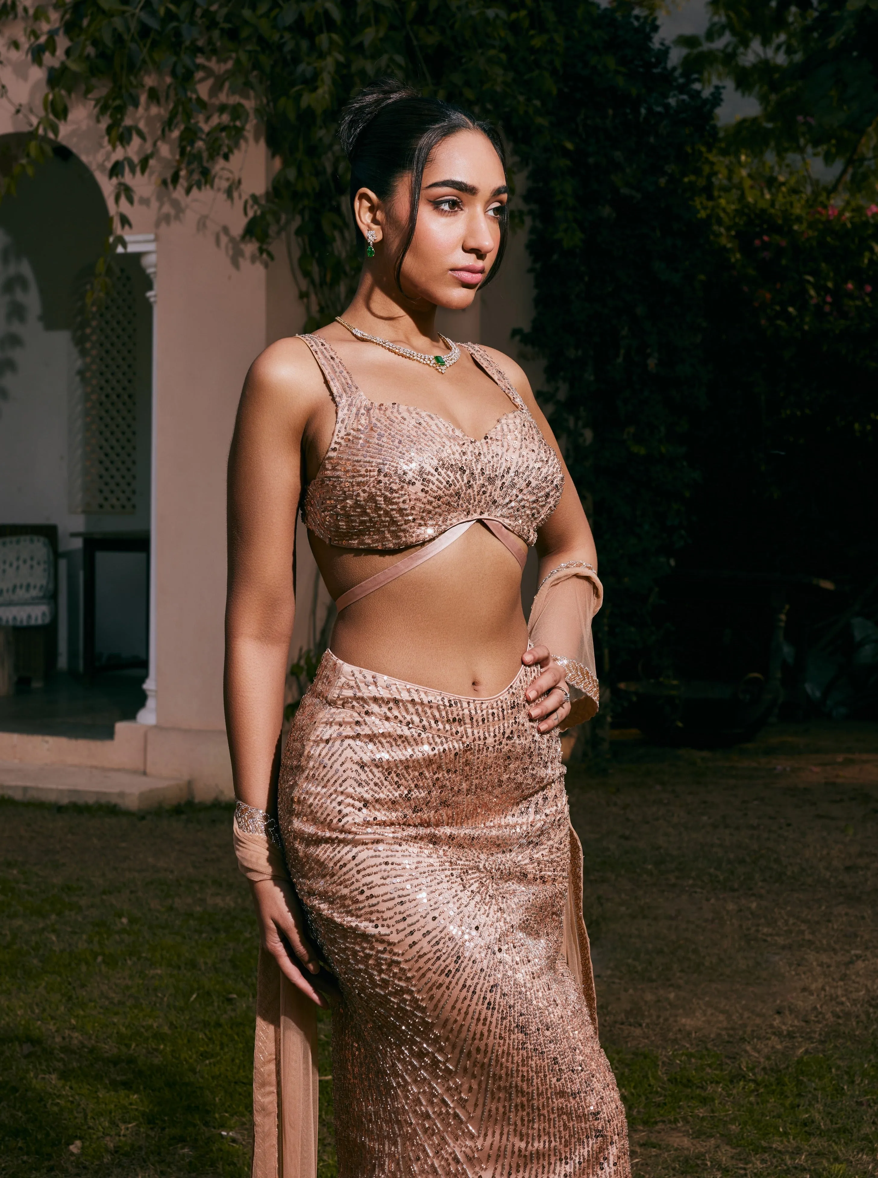 Nazia Rose Gold Hand-Embroidered Mermaid Lehenga Set