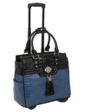 "The Oceanside" Blue & Black Alligator Faux Leather Computer Ipad, Laptop Tablet Rolling Tote Bag