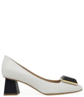 White/Black Leather Block Heel