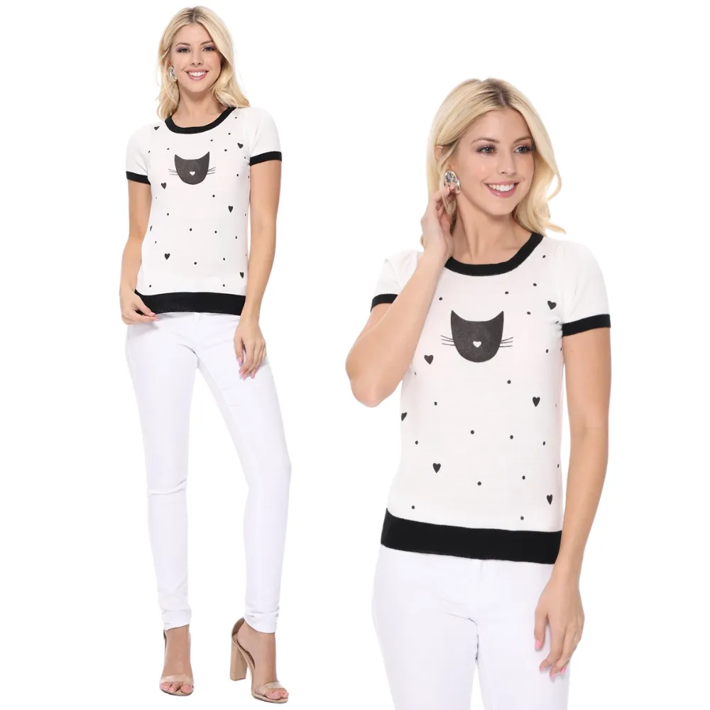 YEMAK Women's Kitty Cat Face Casual Short Sleeve Pullover Sweater MK3182 (S-L)